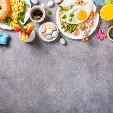 Easter holiday breakfast flat lay Stock Photos