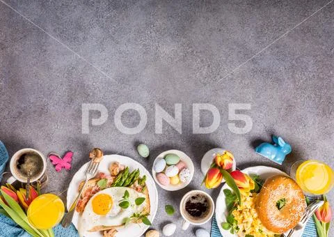 Easter holiday breakfast flat lay Stock Photos