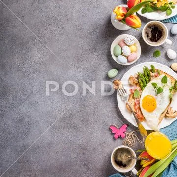 Easter holiday breakfast flat lay Stock Photos