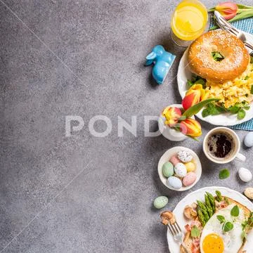 Easter holiday breakfast flat lay Stock Photos