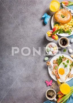 Easter holiday breakfast flat lay Stock Photos
