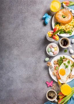 Easter holiday breakfast flat lay Stock Photos
