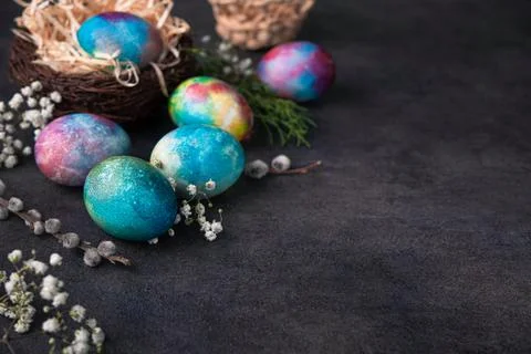Easter holiday concept with colored space egg Stock Photos