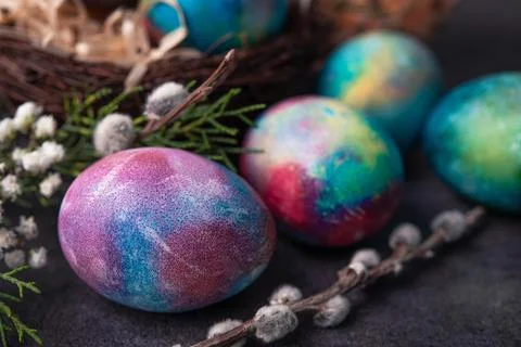 Easter holiday concept with colored space egg Stock Photos