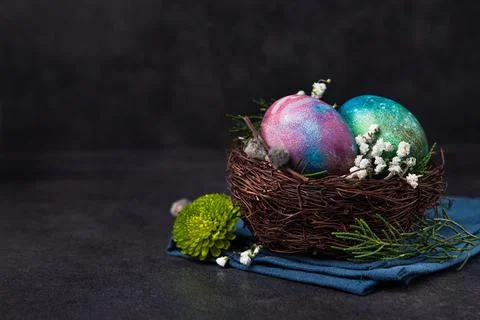Easter holiday concept with colored space egg Stock Photos