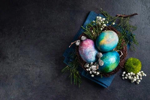 Easter holiday concept with colored space egg Stock Photos
