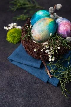 Easter holiday concept with colored space egg Stock Photos