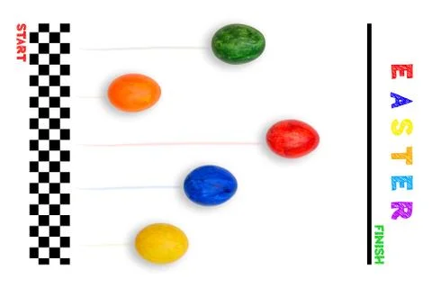 Easter holiday concept. Egg competition. Bright colored eggs run to the finis Stock Illustration