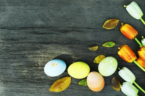Easter holiday concept with fancy eggs and tulips on old wooden backgrounds.. Stock Photos