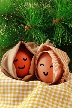 Easter Holiday Concept Two Egg Hooded Smile on a Yellow Napkin with Green Spr Stock Photos