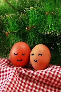 Easter Holiday Concept Two Eggs Smile Happiness on a Red Napkin with Green Sp Stock Photos