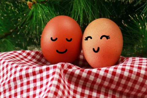 Easter Holiday Concept Two Eggs Smile Happiness on a Red Napkin with Green Sp Stock Photos