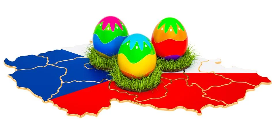 Easter holiday in Czech Republic, Easter eggs on the Czech Republic map. 3D r Stock Illustration