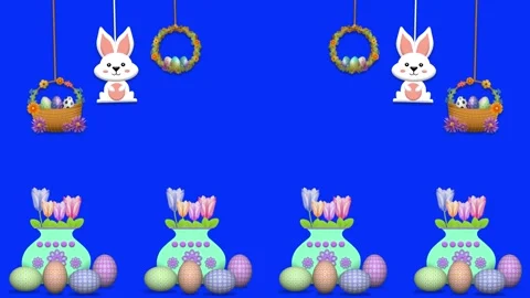 Easter holiday decoration concept with hanging cute bunny, egg bucket and b.. Stock Footage 304269518