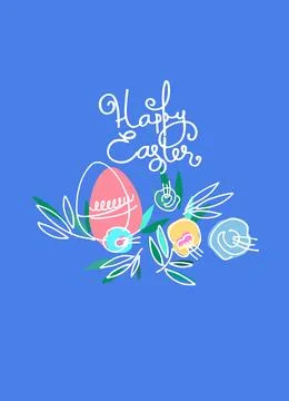 Easter holiday design with hand-lettered greetings, flowers and eggs on sky.. Stock Illustration