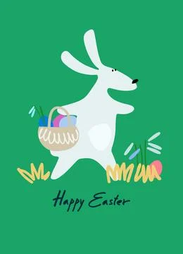Easter holiday design with hand-lettered greetings,Easter bunny with a bask.. Stock Illustration