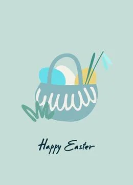 Easter holiday design with hand-lettered greetings,Easter basket of eggs Stock Illustration