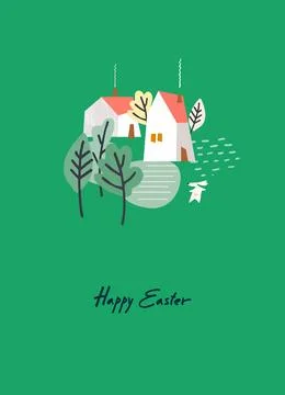 Easter holiday design with hand-lettered greetings cute village, Easter bun.. Stock Illustration