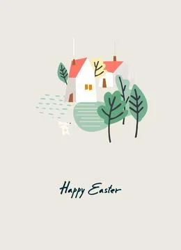 Easter holiday design with hand-lettered greetings cute village, Easter bun.. Stock-Illustration