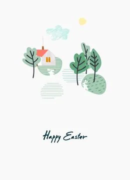 Easter holiday design with hand-lettered greetings cute village, Easter bun.. Stock-Illustration