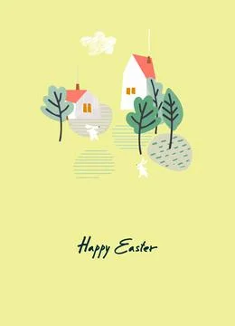 Easter holiday design with hand-lettered greetings cute village, Easter bun.. Stock Illustration