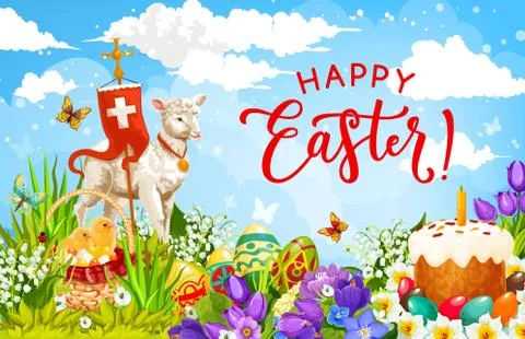 Easter holiday eggs, chickens and lamb of God Stock Illustration