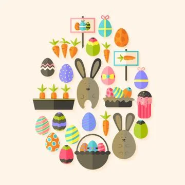 Easter holiday Flat Icons Set  Egg shaped with shadow over beige Ilustração Stock