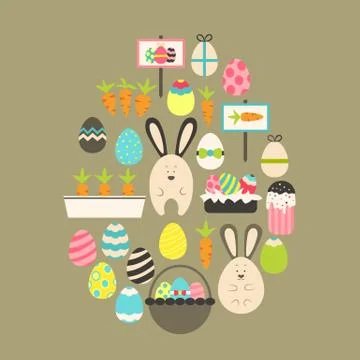 Easter holiday Flat Icons Set over brown Ilustração Stock