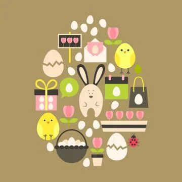 Easter holiday Flat Icons Set over light brown Ilustração Stock