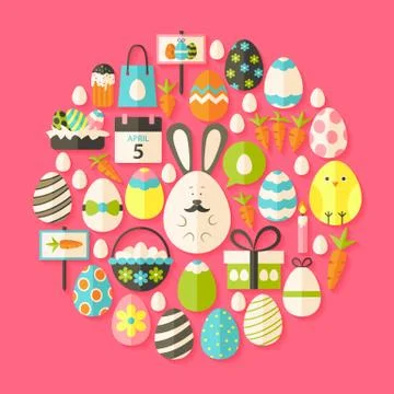 Easter holiday Flat Icons Set circular shaped with shadow Stock Illustration