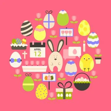 Easter holiday Flat Icons Set over dark pink Ilustração Stock