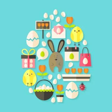 Easter holiday Flat Icons Set Egg shaped with shadow over blue Ilustração Stock