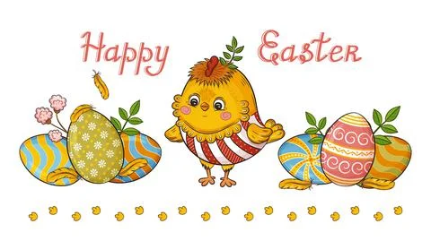 Easter holiday. Funny chick or little rooster and colored eggs. Greeting card. Stock Illustration