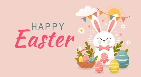 Easter holiday, hare with a basket of Easter eggs, Easter bunny and eggs. Vector Illustrazione stock