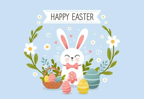 Easter holiday, hare with a basket of Easter eggs, Easter bunny and eggs. Vector Stock Illustration