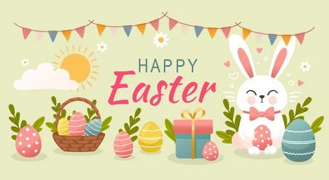 Easter holiday, hare with a basket of Easter eggs, Easter bunny and eggs. Vector Stockillustratie