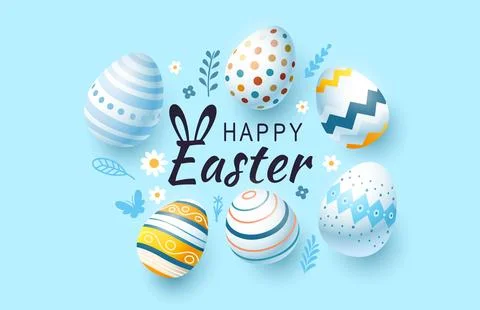 Easter holiday, hare with a basket of Easter eggs, Easter bunny and eggs. Vector Stock Illustration