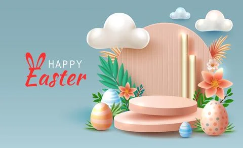 Easter holiday, hare with a basket of Easter eggs, Easter bunny and eggs. Vector Stock Illustration