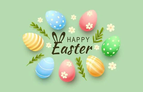 Easter holiday, hare with a basket of Easter eggs, Easter bunny and eggs. Vector Stock Illustration