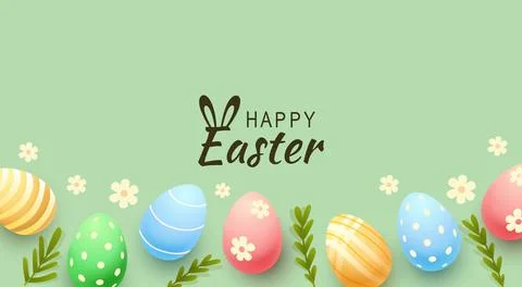 Easter holiday, hare with a basket of Easter eggs, Easter bunny and eggs. Vector Stock Illustration