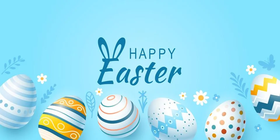 Easter holiday, hare with a basket of Easter eggs, Easter bunny and eggs. Vector Stockillustratie