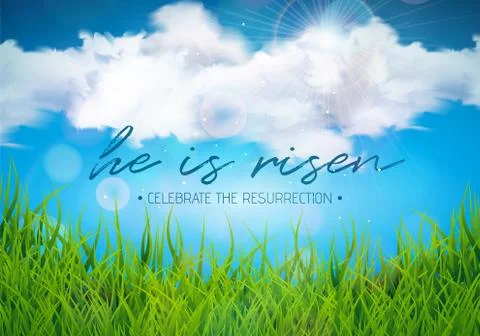 Easter Holiday illustration with cloud and green grass on blue sky background Stock Illustration