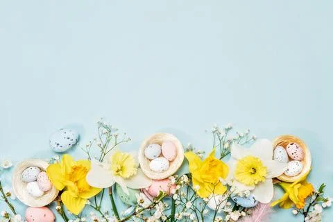 Easter Holiday Invitation Design with Easter Eggs and Feathers Stock Photos