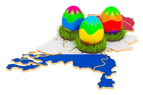 Easter holiday in the Netherlands, Easter eggs on the Netherlands map. 3D ren Stock Illustration