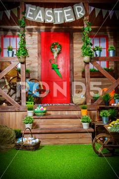 Easter holiday. Nice village yard, prepared for the Easter holiday. Stock Photos