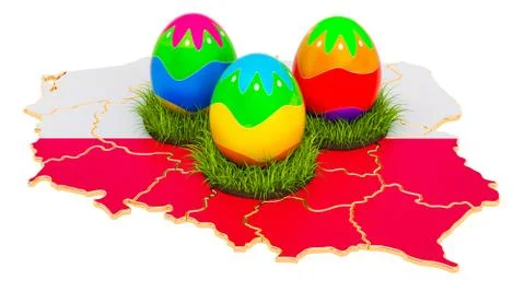 Easter holiday in Poland, Easter eggs on the Polish map. 3D rendering Stock Illustration