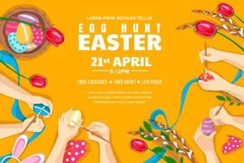 Easter holiday poster. Horizontal egg hunt banner or flyer. Kids painting Eas Stock Illustration