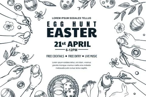 Easter holiday poster. Vector sketch illustration. Horizontal egg hunt banner Stock Illustration