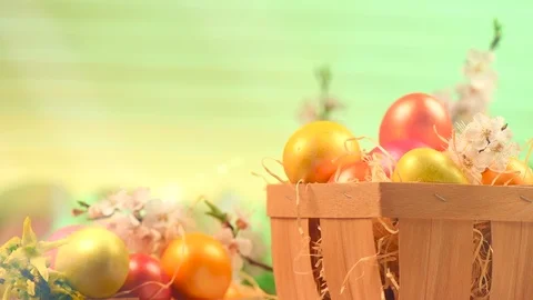 Easter holiday scene. Easter painted colorful eggs and spring flowers 動画素材 86483869