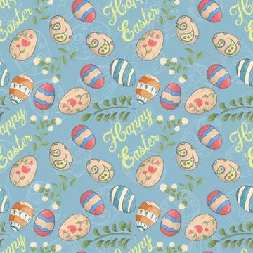 Easter holiday seamless illustration pattern contour color drawing eggs plant Stock Illustration